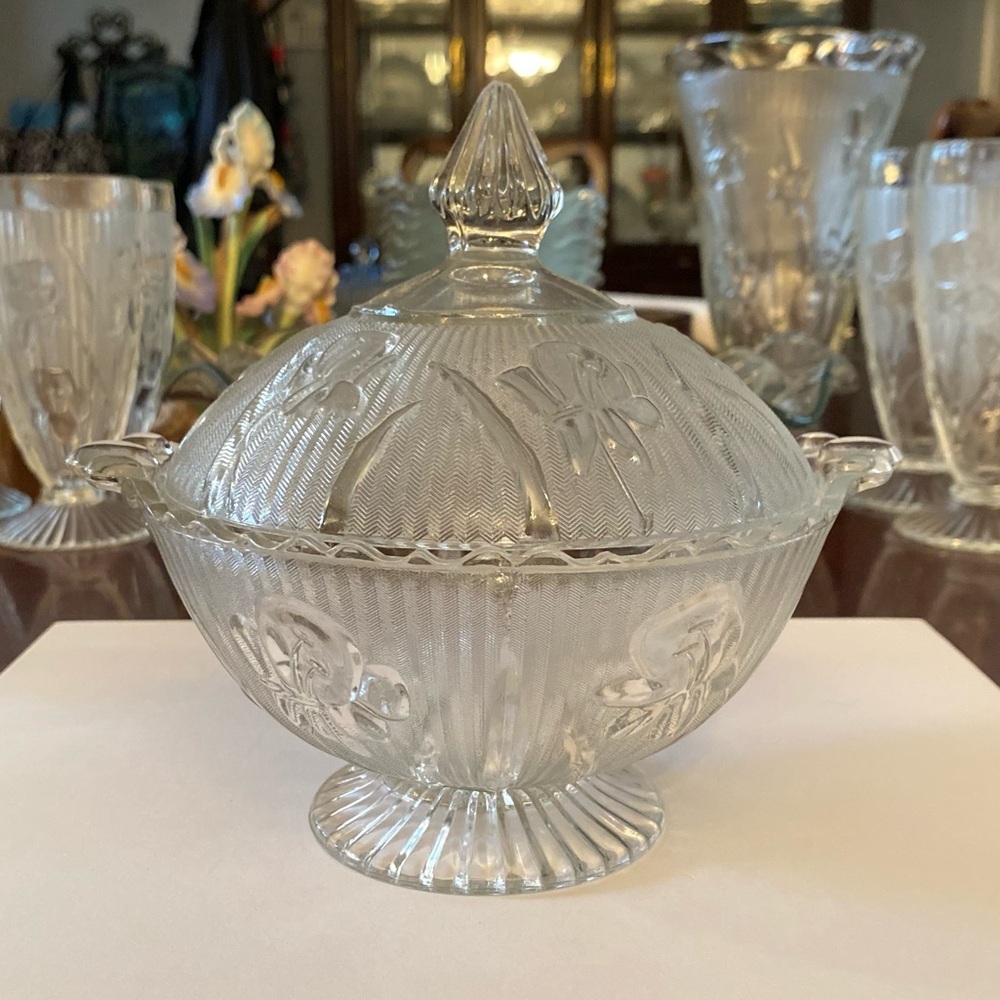 Iris & Herringbone Clear Footed Covered Candy Dish Depression Glass